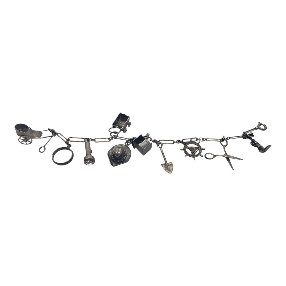 Vintage Sterling Silver Charm Bracelet Cowboy Nautical Scissors Ring Hat 7in - Picture 2 of 16